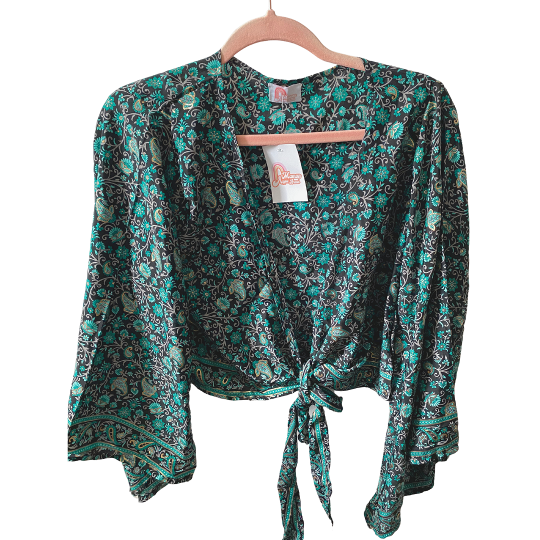 Demi Kimono 70% VRAIE SOIE VERT+NOIR *(Manche bohème)