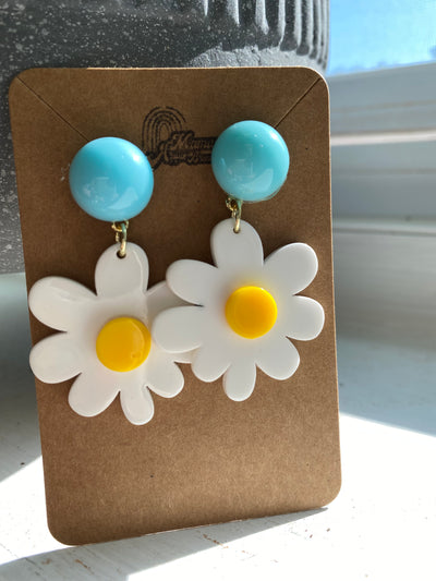 BOUCLES D'OREILLES ACÉTATE - MARGUERITE SIMPLE BLANCHE POINT BLEU